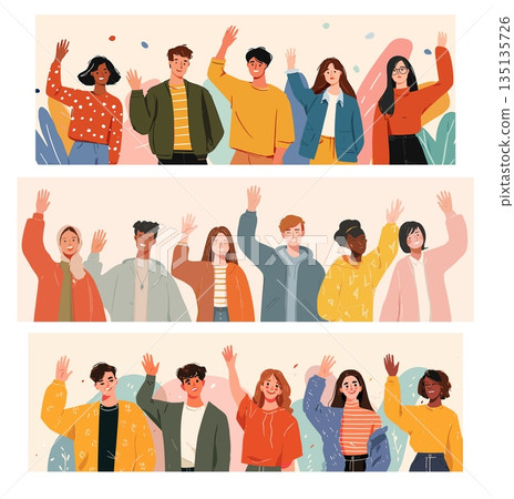 Group smile wave. Multicultural people crowd greeting, students team waving hand welcome to new audience different friends person say hi cartoon characters set vector illustration Group smile wave. Multicultural people crowd greeting, students team waving hand welcome to new audience different friends person say hi cartoon characters set vector illustration 135135726