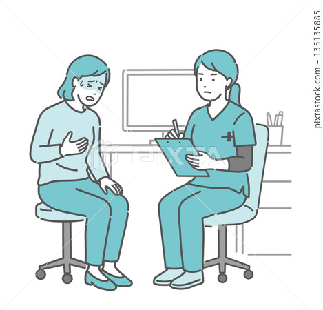 A female patient complaining of feeling unwell and a female doctor and nurse (scrub, emergency) 135135885