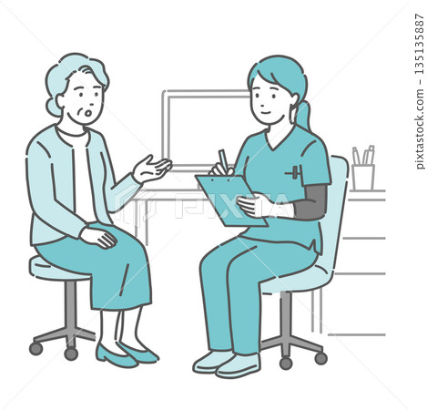 A female doctor and an elderly woman (scrubs, medical workers) conducting a medical interview 135135887
