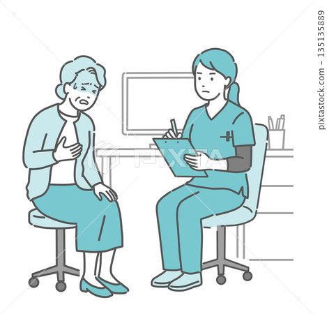 An elderly woman complaining of feeling unwell and a female doctor and nurse (scrubs and emergency) An elderly woman complaining of feeling unwell and a female doctor and nurse (scrubs and emergency) 135135889