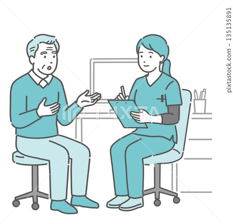 A female doctor and an elderly man (scrubs, medical workers) conducting a medical interview 135135891