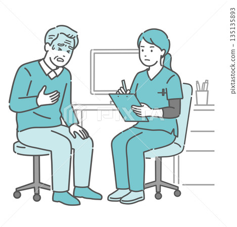 An elderly man complaining of feeling unwell and a female doctor and nurse (scrubs and emergency) An elderly man complaining of feeling unwell and a female doctor and nurse (scrubs and emergency) 135135893