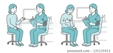 Medical interview and unwell female patient set (female doctor, scrubs) 135135913
