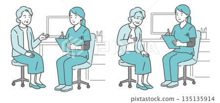 Medical interview and unwell elderly woman set (female doctor, scrubs) 135135914