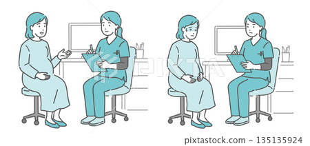 醫療問診及患病孕婦場景（女醫師、助產士、手術服） 135135924