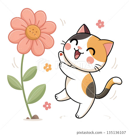 Cute kawaii calico cat jumping happily beside a large orange flower white background  135136107