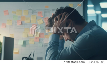 Stressed professional holds his head in frustration, surrounded by a cluttered board filled with sticky notes. The scene captures the chaos of multitasking and time management challenges 135136185