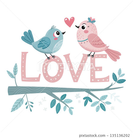 Cute lovebirds couple sitting on top of the word LOVE white background  135136202