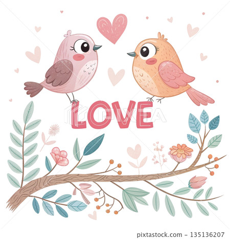 Cute lovebirds couple sitting on top of the word LOVE white background  135136207