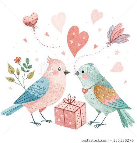 Cute romantic birds illustration two adorable birds facing each other holding a gift box with red ribbon white background  135136276