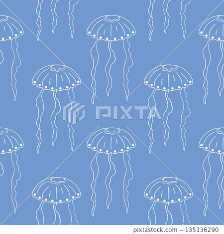 Seamless pattern of jellyfish with flowing tentacle on a blue background in line art style. Design for ocean marine and underwater card. 135136290