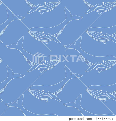 Humpback whale seamless pattern in line art style on a blue background. Undersea animal wallpaper for summer beach design. Humpback whale seamless pattern in line art style on a blue background. Undersea animal wallpaper for summer beach design. 135136294