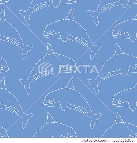 Killer whale seamless pattern in line art style. Underwater animal design for summer package on a blue background. 135136296