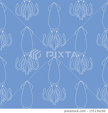 Squid seamless pattern in line art style. Undersea animal silhouette for summer theme design on blue background. 135136298