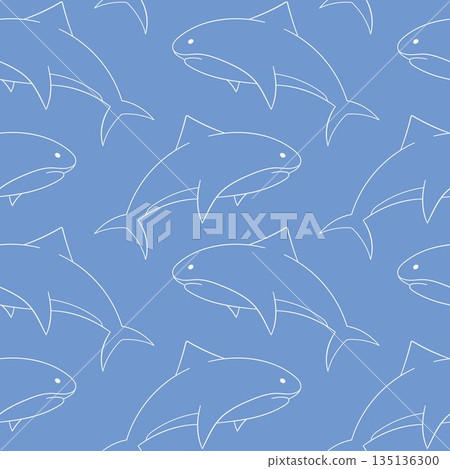 Seamless pattern in line art style with shark swimming on a blue background for summer and ocean design. 135136300