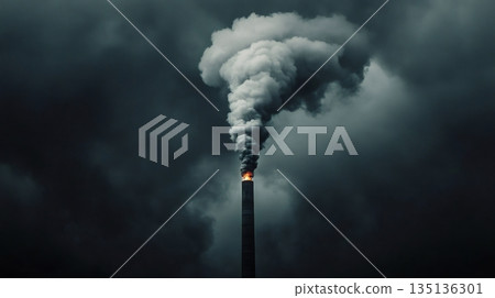 Large industrial chimney emitting dense smoke and polluting the atmosphere under dark and threatening clouds, symbolizing environmental damage and climate change 135136301