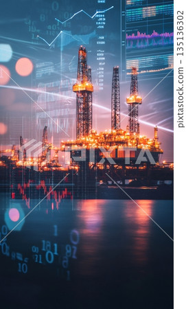 Offshore oil rig platform reflecting on calm sea at sunset with stock market data and binary code overlay showing global oil price and investment concept 135136302