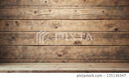 Vintage wooden plank wall with empty table for displays 135136347