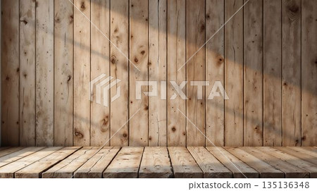 Sunlit wooden plank wall and table for product presentation 135136348