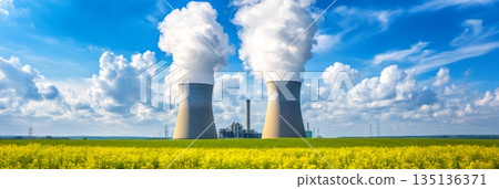 Two nuclear power plant cooling towers emitting steam under a blue sky with fluffy white clouds, in front of a field of yellow flowers, represent energy production and its environmental impact 135136371