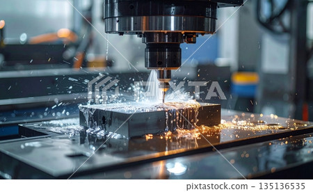 A high-precision CNC milling machine is cutting a solid metal A high-precision CNC milling machine is cutting a solid metal 135136535