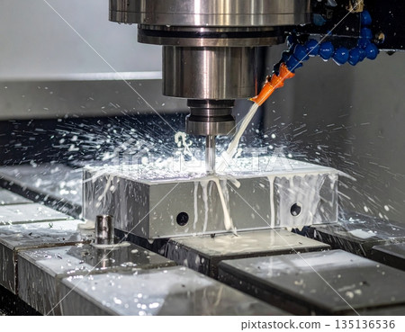 A high-precision CNC milling machine is cutting a solid metal A high-precision CNC milling machine is cutting a solid metal 135136536