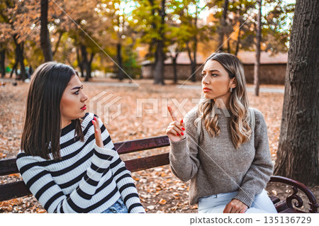 Two women are sitting on a park bench and are angrily pointing fingers at each other 135136729