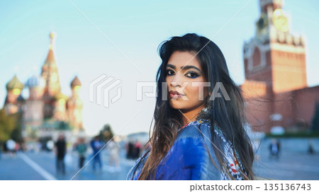 Bangladeshi girl posing in front of Saint Basil's Cathedral, Red Square, Moscow 135136743