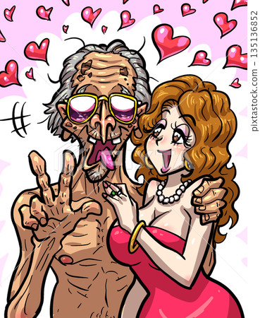 一位衣著考究的年長男子和一位年輕女子──一對年齡差距很大的夫婦 135136852