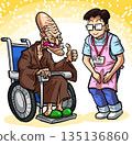 A unique elderly man in a wheelchair is greeted cheerfully by a caregiver A unique elderly man in a wheelchair is greeted cheerfully by a caregiver 135136860