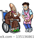 A unique elderly man in a wheelchair is greeted cheerfully by a caregiver A unique elderly man in a wheelchair is greeted cheerfully by a caregiver 135136861