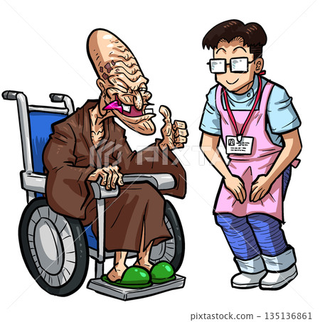 A unique elderly man in a wheelchair is greeted cheerfully by a caregiver 135136861