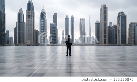 Businessman standing with hands in pockets, contemplating the dubai marina's futuristic skyline under a blanket of clouds, reflecting on ambition and future opportunities 135136875