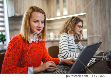 Two female colleagues at a desk working on laptop Two female colleagues at a desk working on laptop 135136899