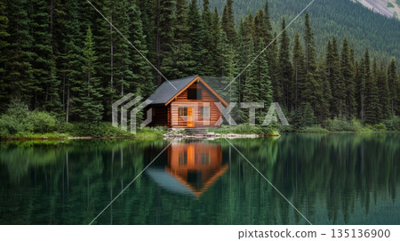 Charming wooden cabin nestled along a tranquil lake, surrounded by a dense evergreen forest reflecting serenely in calm waters, creating a picturesque scene of peaceful solitude 135136900