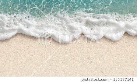 Soft white sea foam gently laps the shore of a pristine sandy beach, creating a tranquil and inviting coastal scene with crystal clear turquoise water 135137141