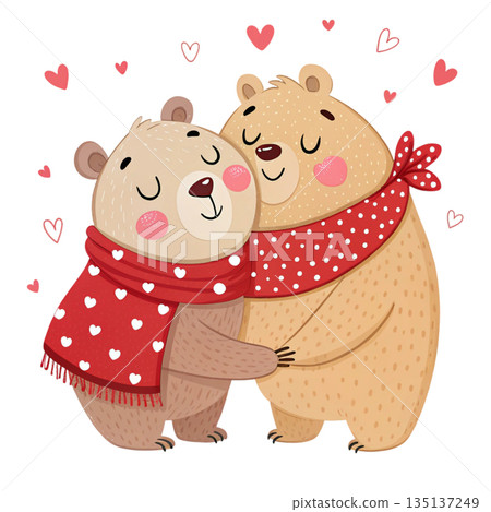 Lovely cartoon bears in love bear couple sitting together white background  135137249