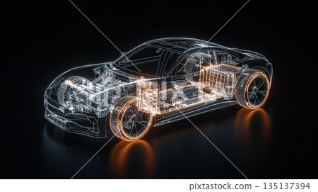 Electric car chassis with glowing battery and engine is revealing its internal structure on a black background, representing innovation in automotive engineering and sustainable transportation 135137394