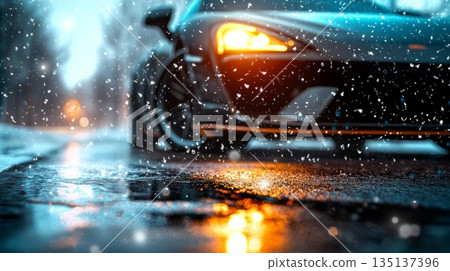 Snow is falling on a wet asphalt road at night, illuminated by the headlights of a modern sports car, creating a dramatic and atmospheric scene 135137396
