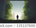 Silhouette Of A Person Standing At The Edge Of A Lush Green Urban Canyon With Skyscrapers In The Distance 135137600
