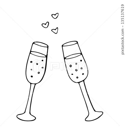 Hand drawn two champagne glasses clinking with small hearts romantic doodle illustration Hand drawn two champagne glasses clinking with small hearts romantic doodle illustration 135137619