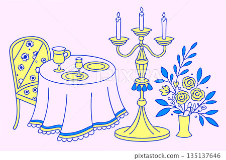 Waiting pleasant meet.Table for one with candles and flowers 135137646