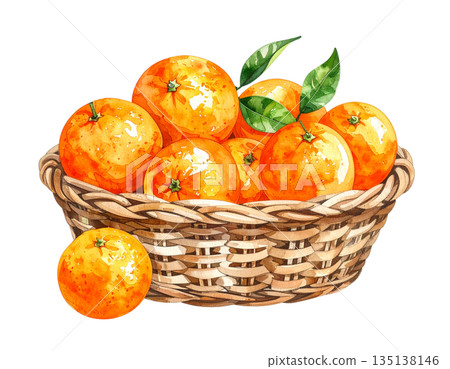 籃子裡的柑橘水彩插圖 135138146