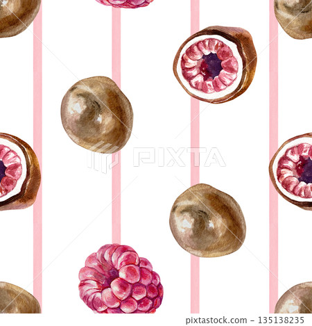 Chocolate-covered raspberries seamless pattern. Whole candies, pieces and berries on a pink striped background. Hand drawn watercolor illustration, isolated. Candy labels, wrapping paper and textiles. 135138235
