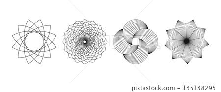 Set of concentric ornaments. Graphic flower shapes. Collection of garmonic symmetric wireframe elements. Spirograph or guilloche templates isolated on white background. Vector graphic illustration Set of concentric ornaments. Graphic flower shapes. Collection of garmonic symmetric wireframe elements. Spirograph or guilloche templates isolated on white background. Vector graphic illustration 135138295