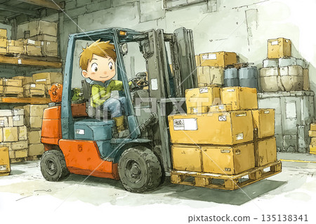 倉庫工人操作堆高機 | 物流運輸工作圖片 135138341