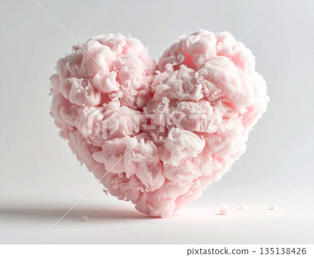 Cute romantic design. Cotton candy in shape of a big pink heart. Pink cloud heart. 135138426
