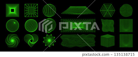 Set of different neon green wireframes isolated on black background. Modern futuristick, cyberpunk or techno grids. Circle, square, cube and room surfaces with meshed texture. Vector illustration 135138715