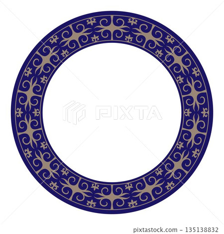 Oriental round frame golden blue pattern. Turkic ornament. Ornamental elements, motif of Kazakh, Kyrgyz, Uzbek. Round frame.  For ceramic, textile, print design, embroidery, sandblaster 135138832