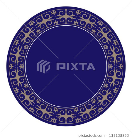 Round ornamental frame plate in Eastern style. Oriental round frame golden blue pattern. Ornamental elements, motif of Turkic, Kazakh, Kyrgyz, Uzbek. For laser cutting, ceramic, textile, embroidery 135138833
